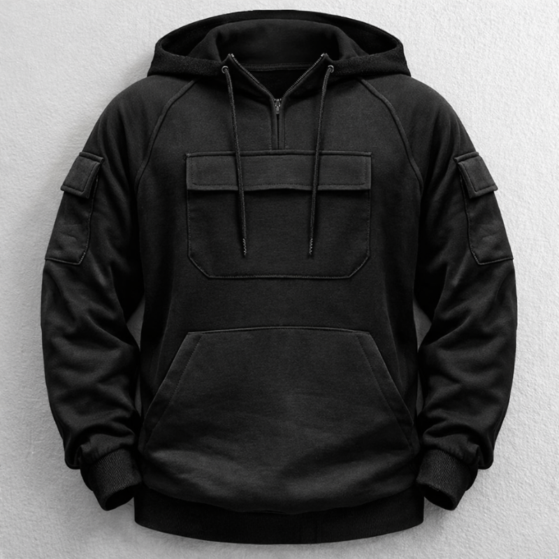 Black men's premium comfort hoodie, a cozy & relaxed fit for everyday casual wear.
