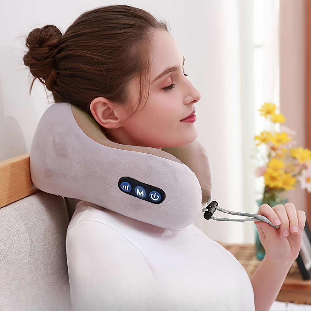 NeckEase Pro U-shaped memory foam neck pillow with USB heated comfort, perfect for travel & relaxation.