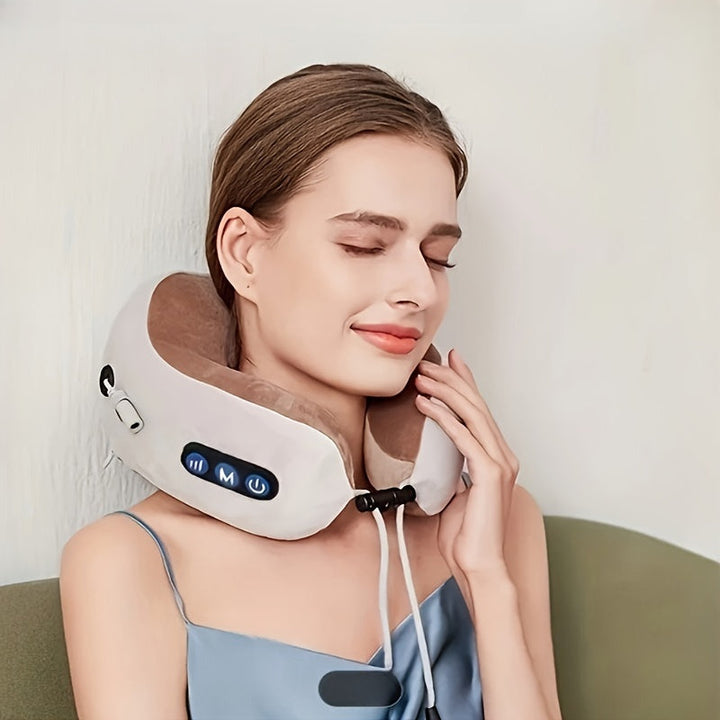 Unisex U-shaped travel neck pillow with USB rechargeable heating for ultimate comfort & relaxation on journeys.