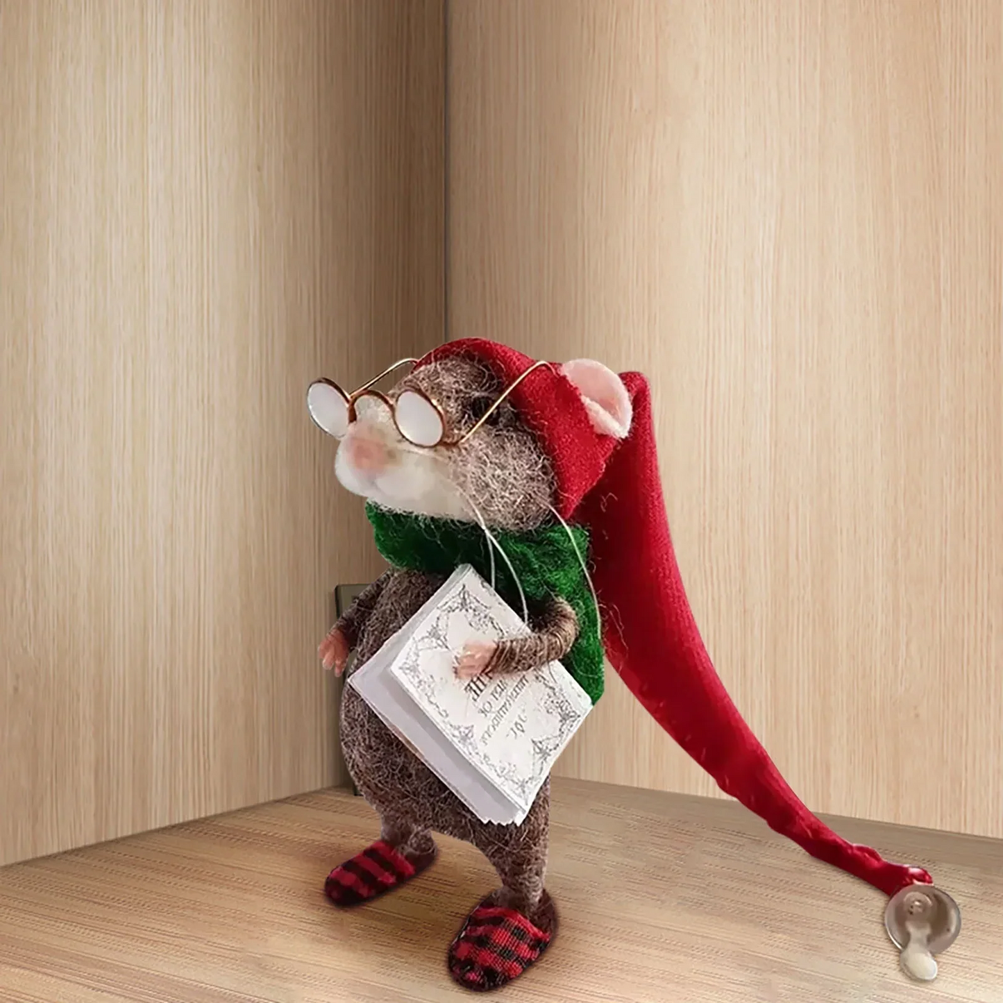 Cute handmade needle felted mouse, a finished example from the DIY craft kit. Ideal Christmas decoration.
