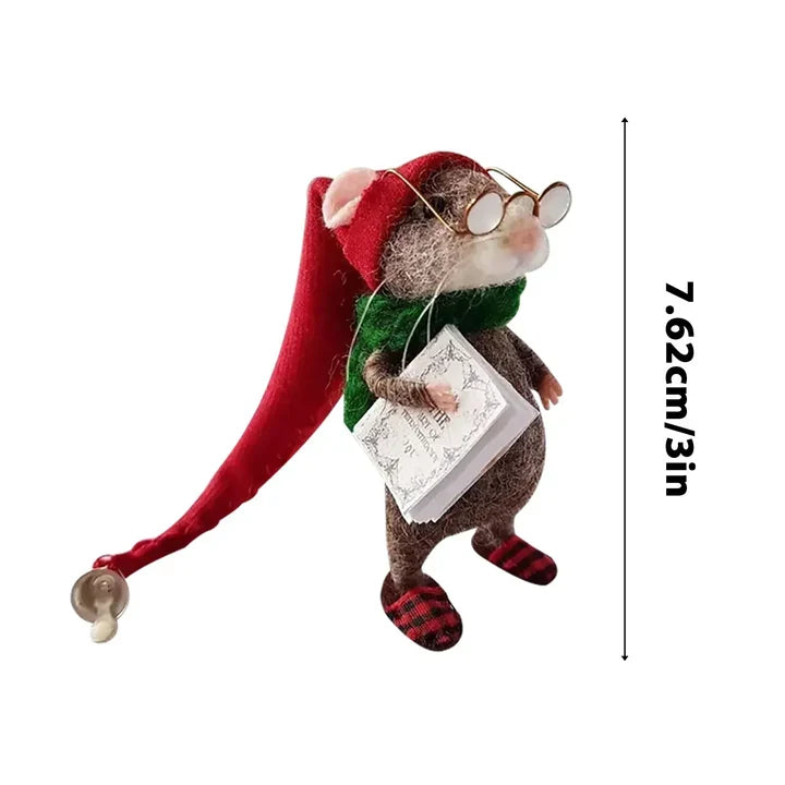 Charming needle felted mouse, an example of a handmade felt animal from the DIY craft kit. Cute holiday accent.