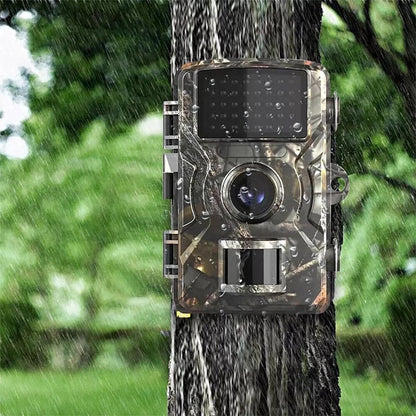 Detail view of 1080p night vision trail camera. Features motion sensor and IR LEDs for animal monitoring.