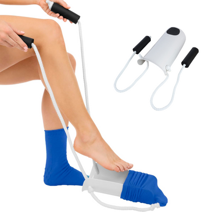 No-bend sock aid device for easy dressing. Ideal mobility assistance for elderly, handicap, or post-surgery users.