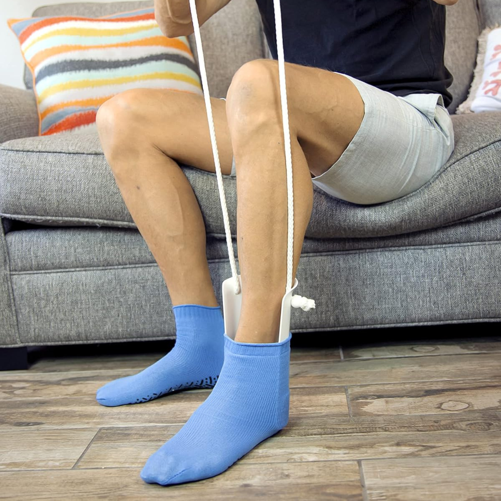 Long handle sock helper for easy donning. Daily living tool, no-bend design for independent dressing & mobility assist.