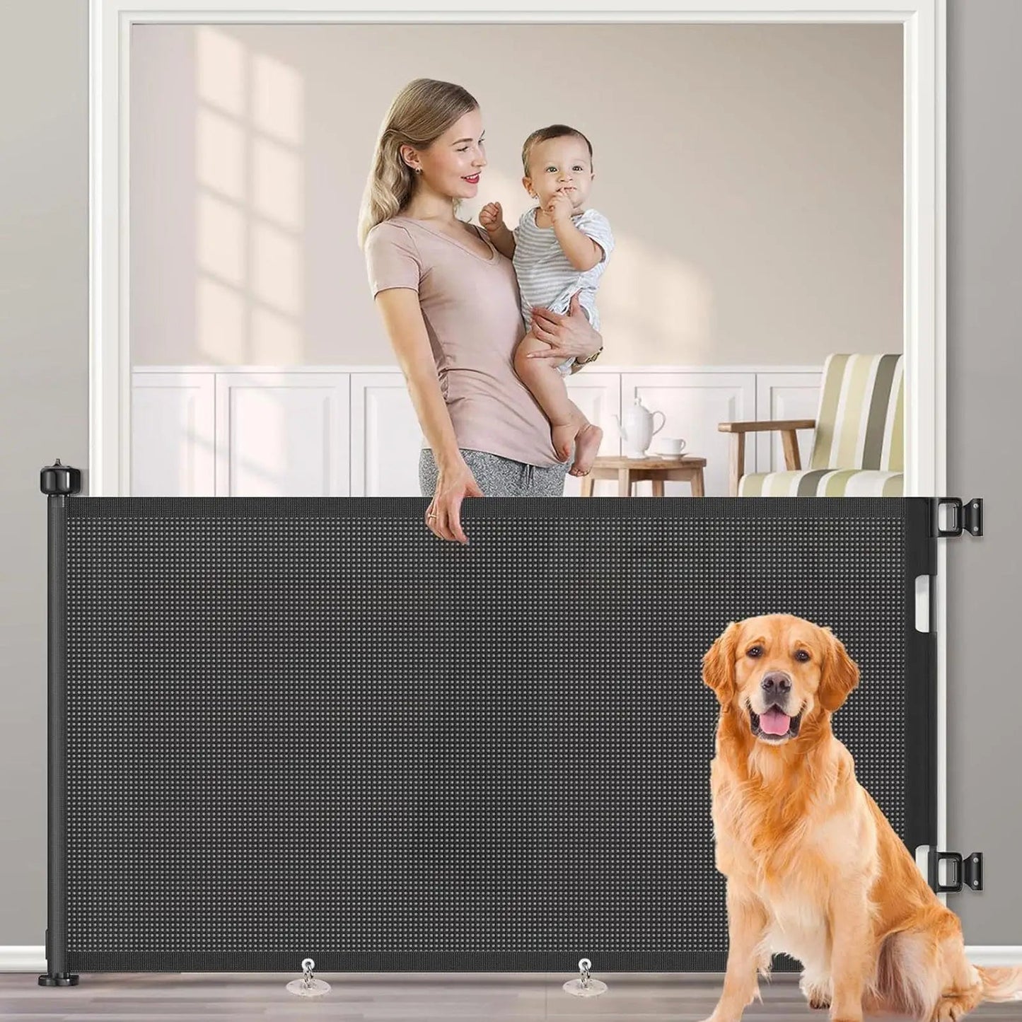 No-Drill Ret retractable Mesh Pet & Baby Gate, black, installed in a doorway for safety of dogs & toddlers.