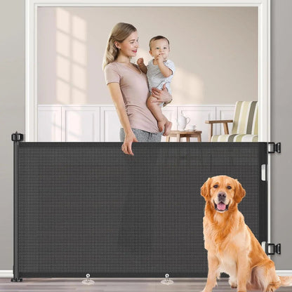 No-Drill Ret retractable Mesh Pet & Baby Gate, black, installed in a doorway for safety of dogs & toddlers.