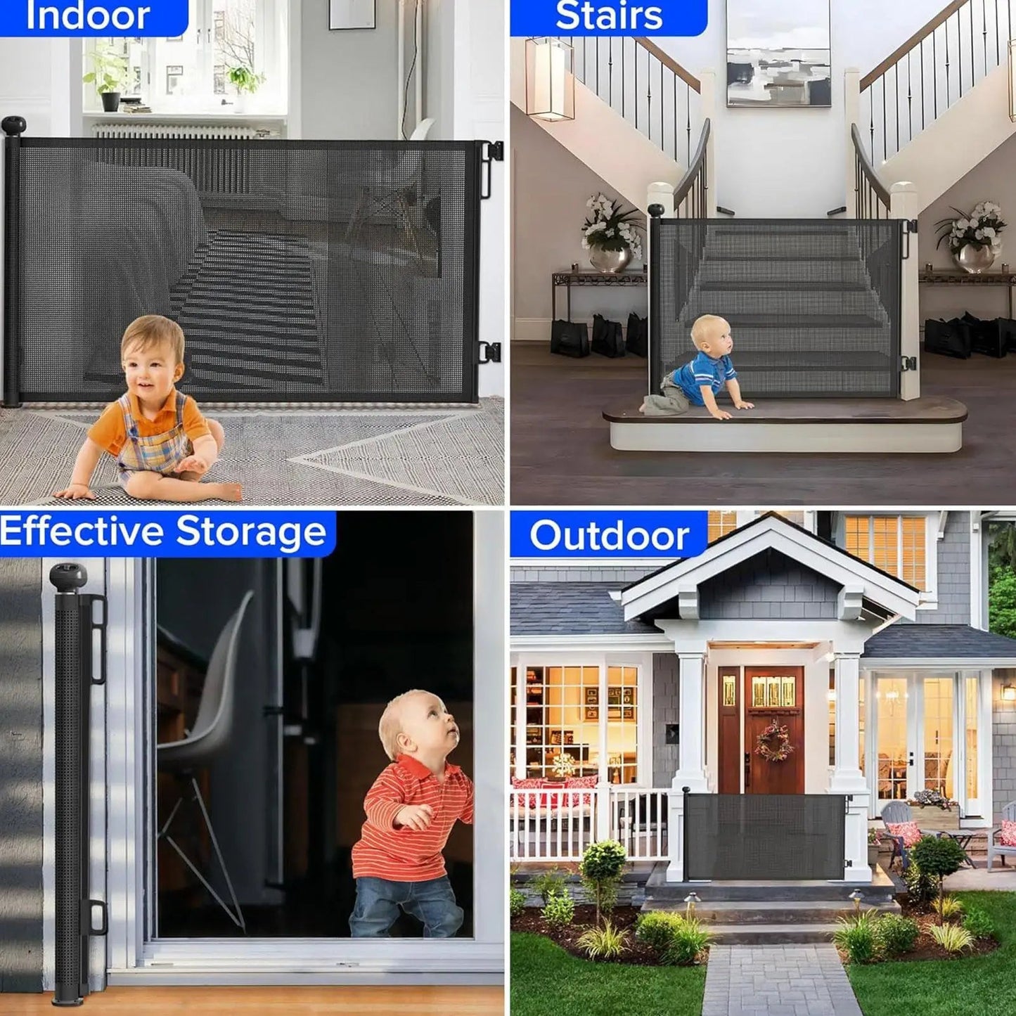 Retractable mesh pet & baby safety gate retracting into its no-drill housing, showing space-saving design.