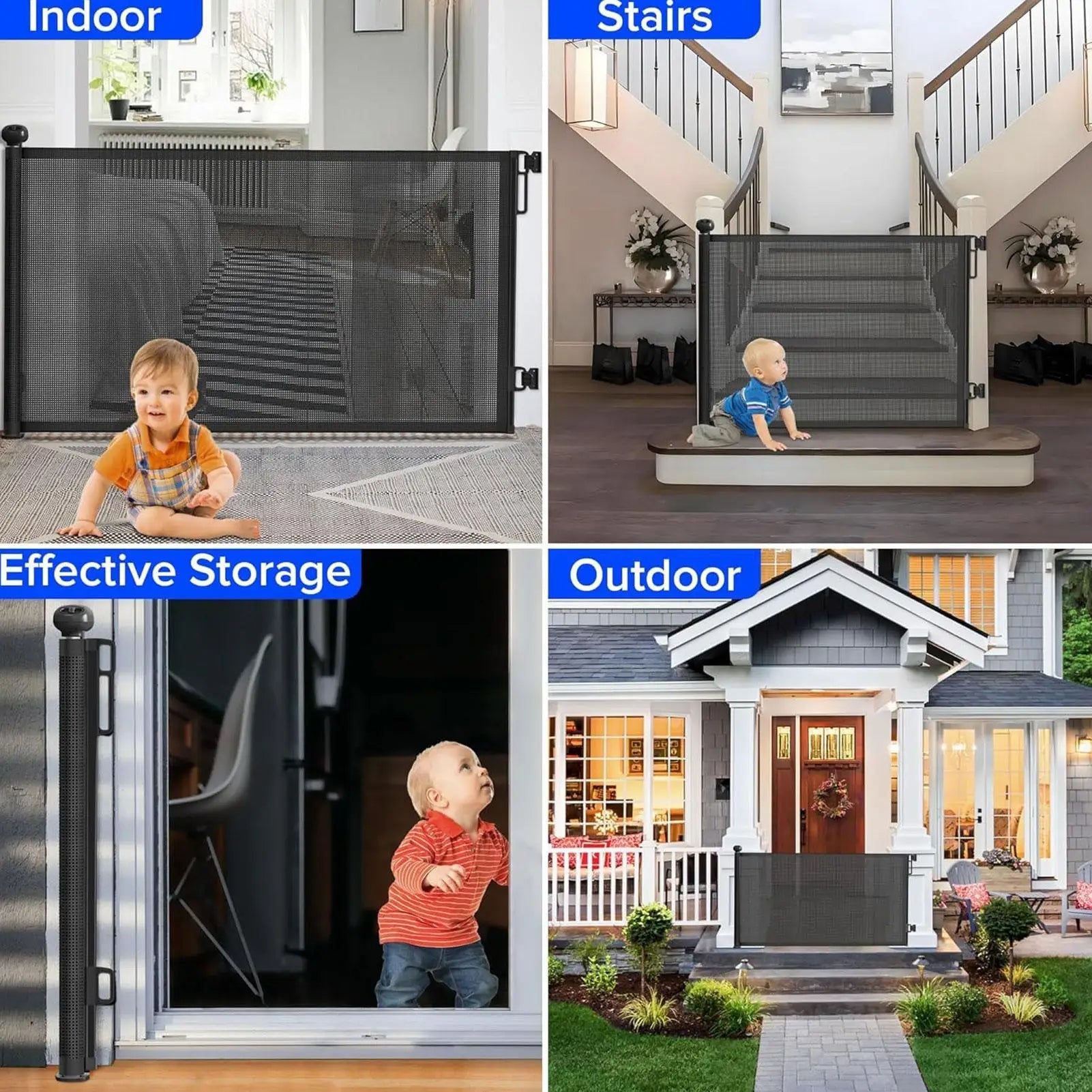 Retractable mesh pet & baby safety gate retracting into its no-drill housing, showing space-saving design.