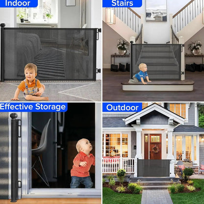 Retractable mesh pet & baby safety gate retracting into its no-drill housing, showing space-saving design.