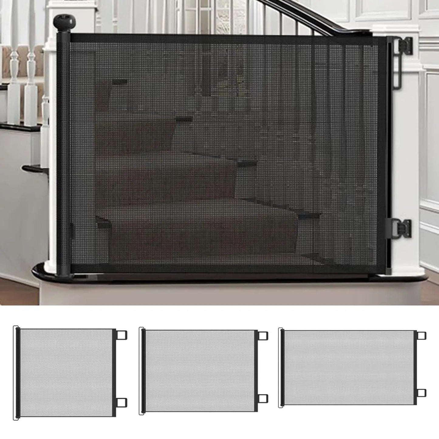 Durable black mesh pet & baby safety gate, child-proof and pet-friendly, for doorways or stairs.