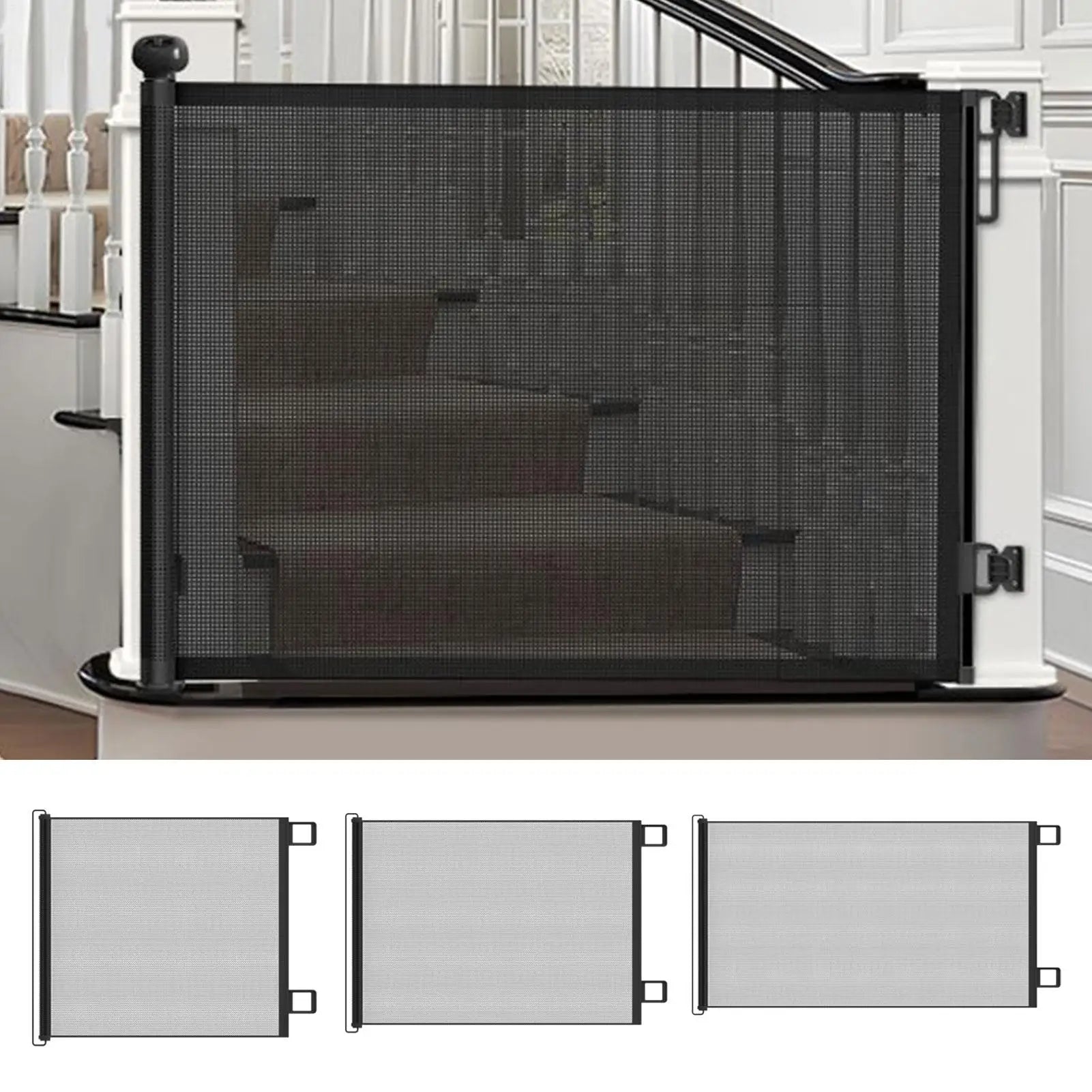 Durable black mesh pet & baby safety gate, child-proof and pet-friendly, for doorways or stairs.