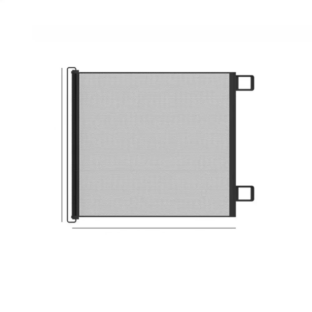 A child-safe no-drill retractable mesh gate securely blocks a stairwell, protecting pets and toddlers.
