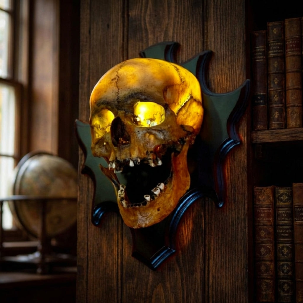 Nocturiskull wall mounted skull lamp, perfect for spooky gothic decor & ambient Halloween lighting.