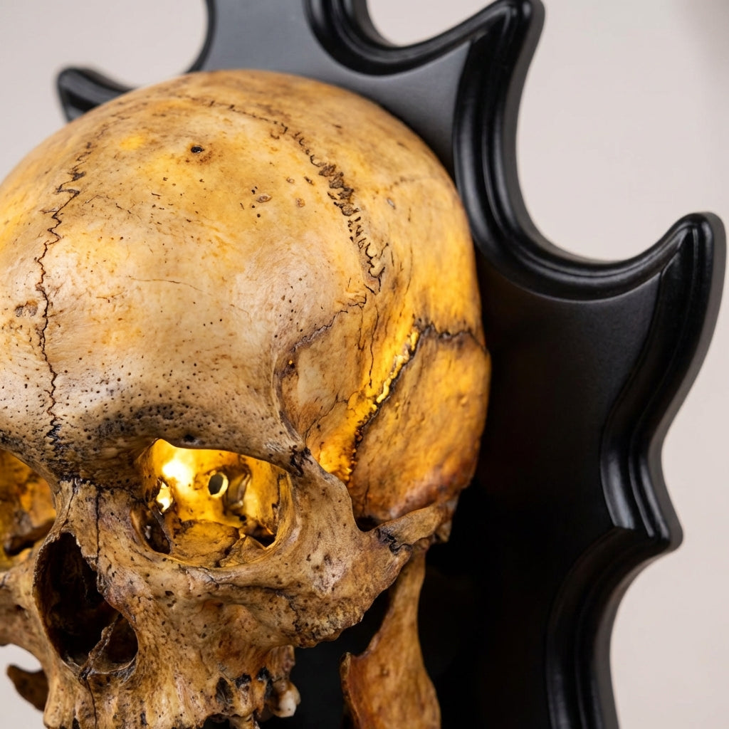 Novelty Nocturiskull wall lamp. Spooky skull design creates unique ambient lighting for gothic decor.