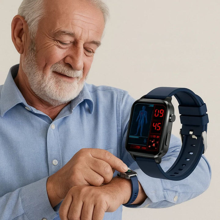Wearable tech health watch; non-invasive glucose monitor for adult wellness & blood sugar management.