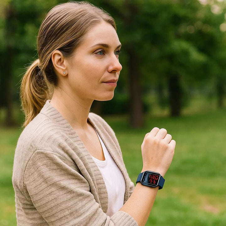 Pain-free diabetes smartwatch, accurately tracking blood glucose levels without invasive tests; adult wellness.