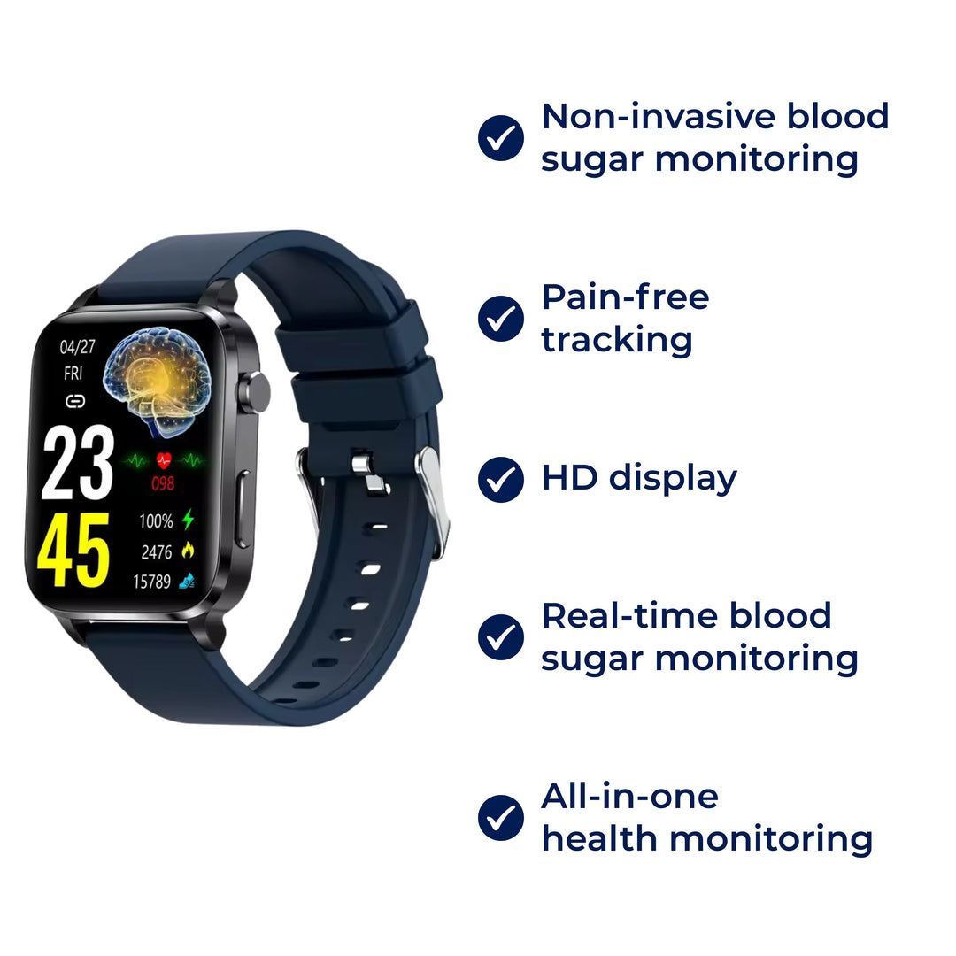 Smartwatch for adults with non-invasive blood glucose monitoring; a pain-free diabetes tracker for daily health.