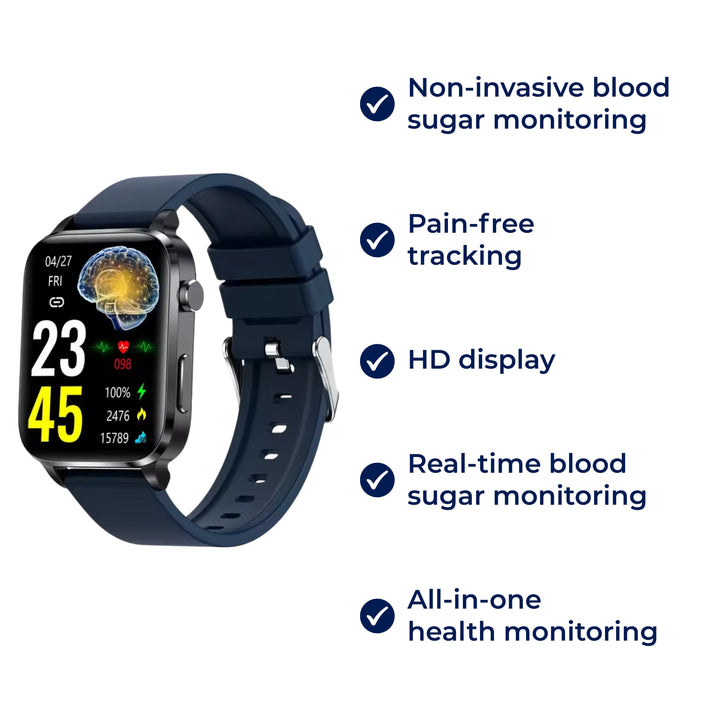 Smartwatch for adults with non-invasive blood glucose monitoring; a pain-free diabetes tracker for daily health.