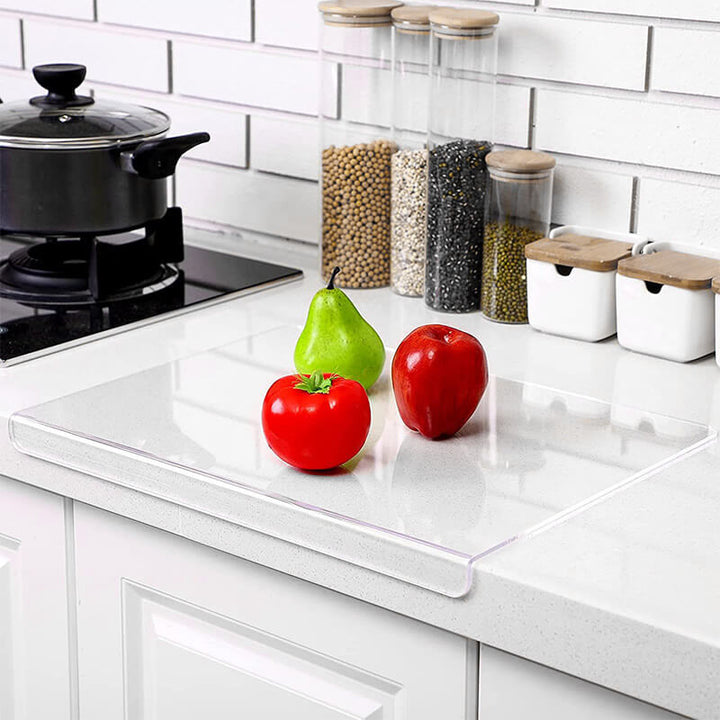 Transparent GlassEdge non-slip acrylic cutting board, ensuring kitchen safety & stylish food preparation for home cooks.