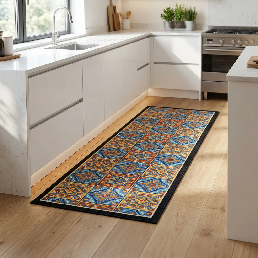 Non-slip kitchen runner rug with modern tile pattern, perfect for high traffic areas.