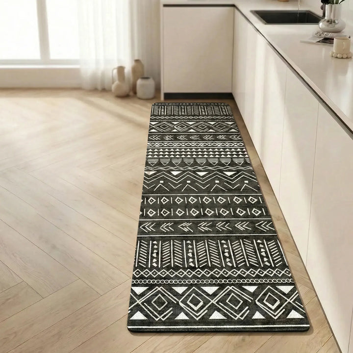 Functional long kitchen rug, non-slip, with a beautiful mosaic tile pattern.