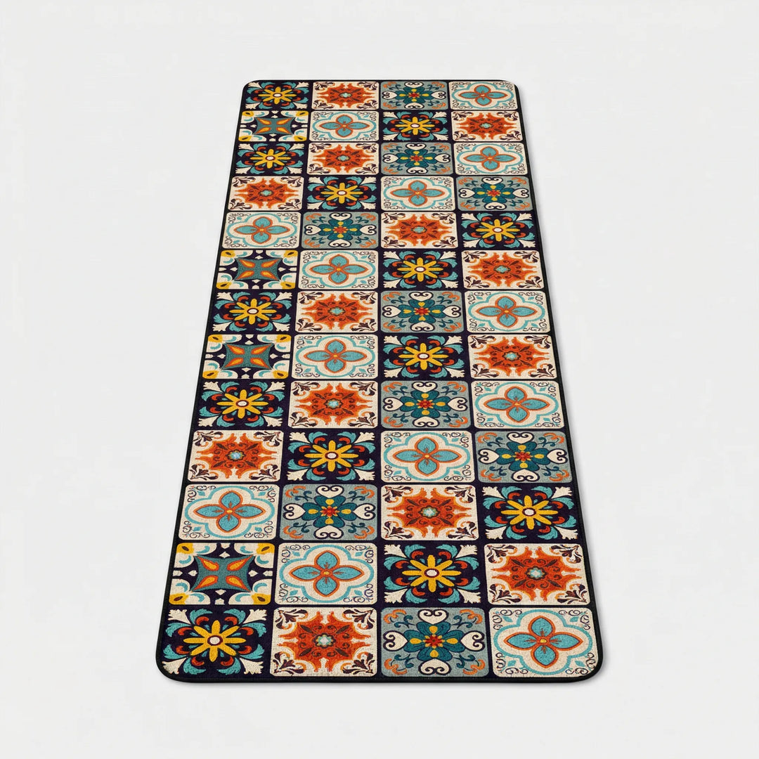Durable kitchen floor rug featuring a stylish mosaic tile pattern, anti-slip backing.