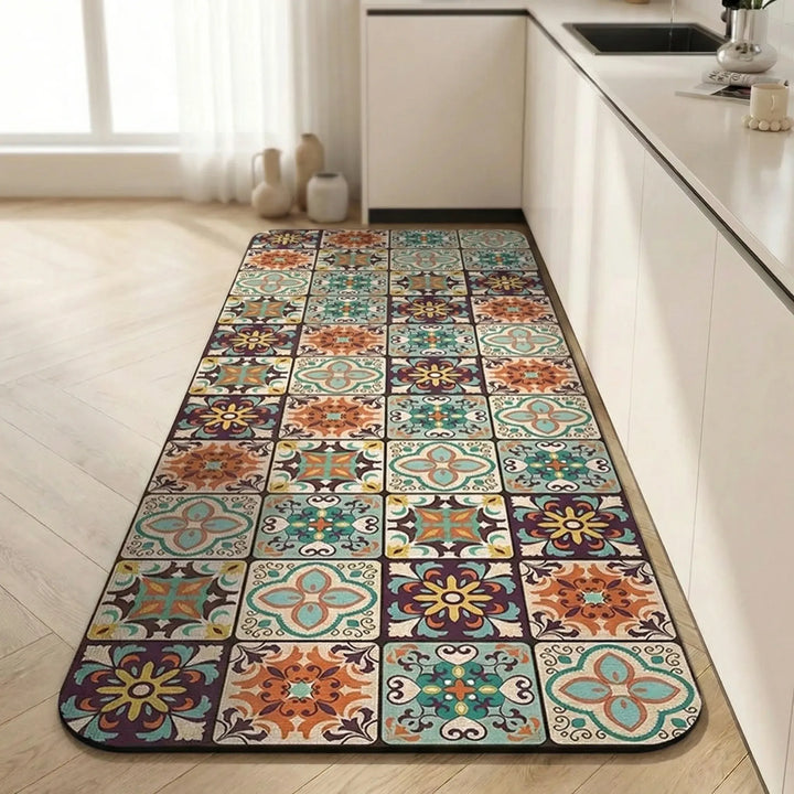 Stylish kitchen runner rug, non-slip, mosaic tile design for contemporary home decor.