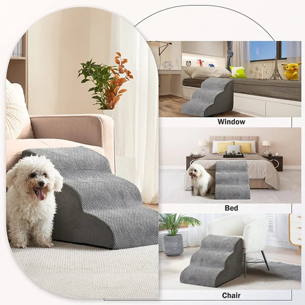 Modern non-slip pet stairs and ramp. Easy access dog ramp and cat steps with washable cover for all pets.