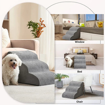 Modern non-slip pet stairs and ramp. Easy access dog ramp and cat steps with washable cover for all pets.