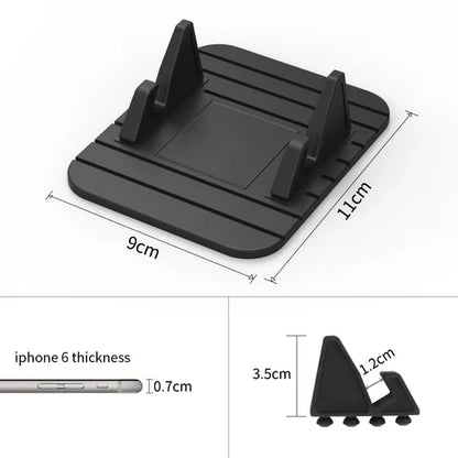 Universal silicone non-slip car phone stand, a dashboard mount for secure hands-free driving & easy GPS viewing.