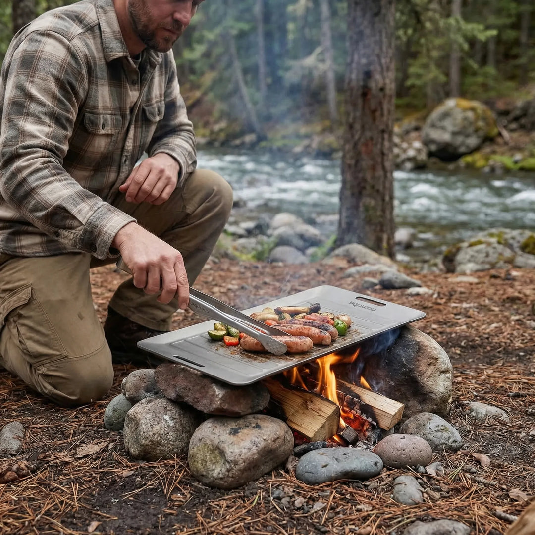 Non-stick outdoor camping grill plate for portable cooking. Lightweight hiking gear for solo adventures.