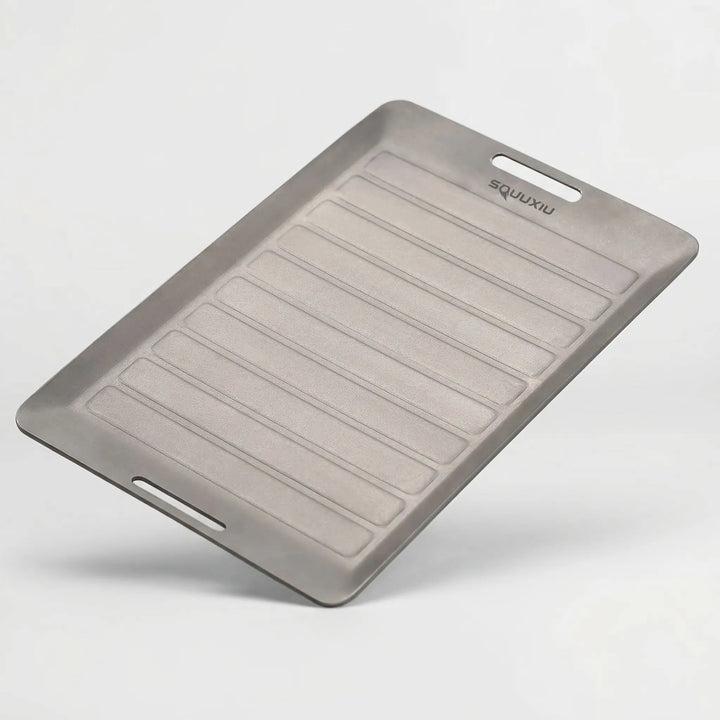 Complete outdoor camping grill plate with BBQ tongs set. Lightweight, non-stick, ideal for hiking & camp kitchen cooking.
