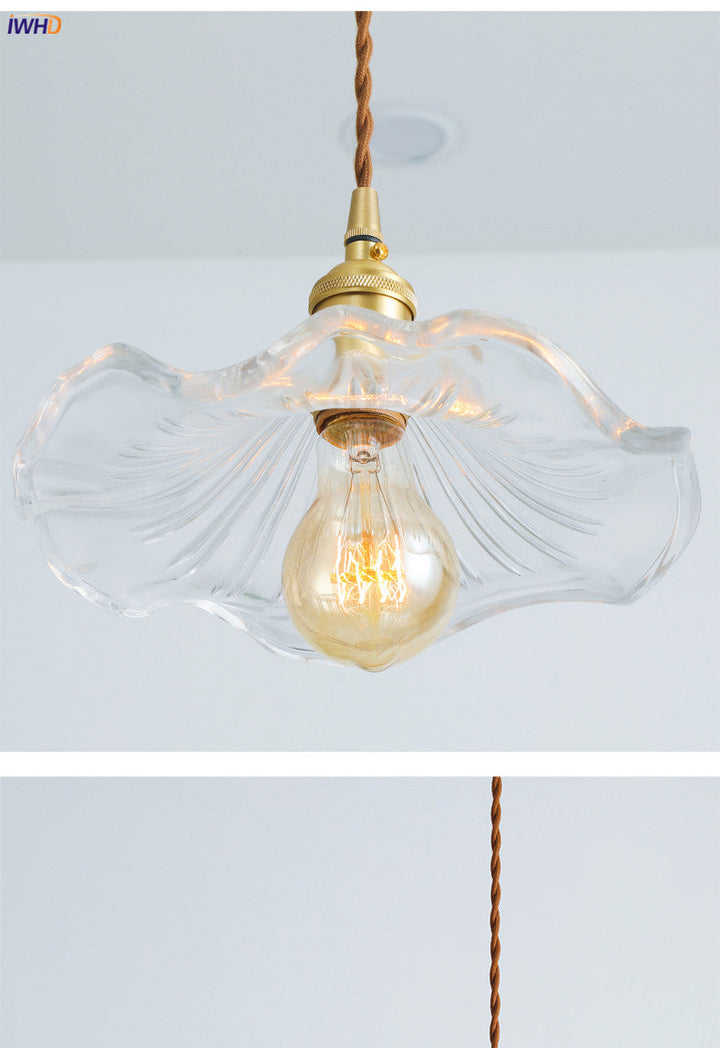 Contemporary glass & copper LED hanging light. Nordic style for bedroom or dining room ambiance.