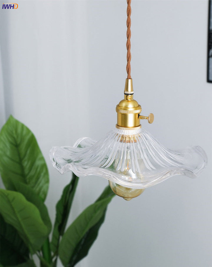 Elegant Nordic LED light fixture, purple glass & copper. Perfect statement piece for living room.