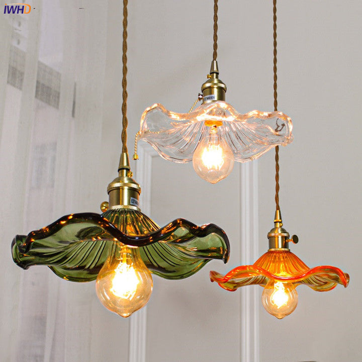 Nordic LED hanging lamp, green glass & polished copper. Perfect for modern office or cafe.