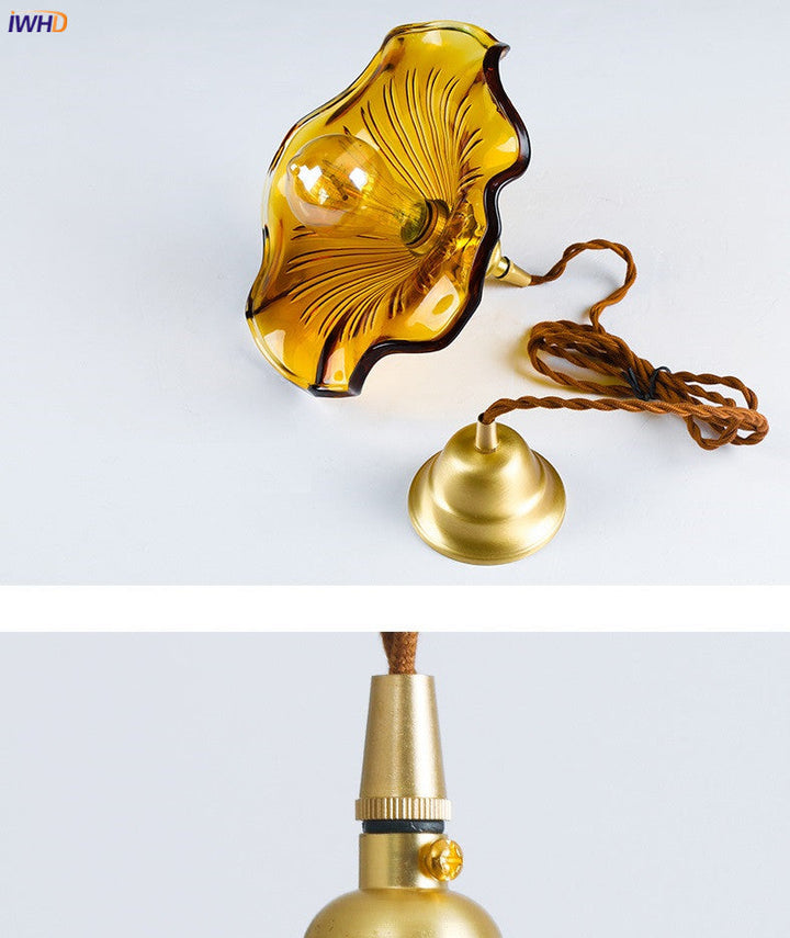 Modern Nordic design LED ceiling light with amber glass shade & copper details. Living room lighting.