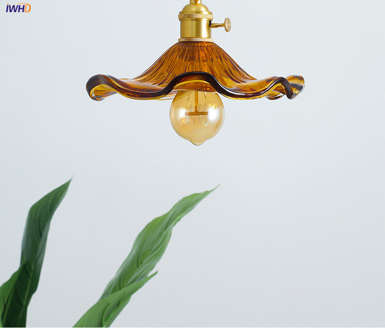Contemporary Nordic LED hanging lamp, blue glass & polished copper. Stylish bedroom lighting fixture.