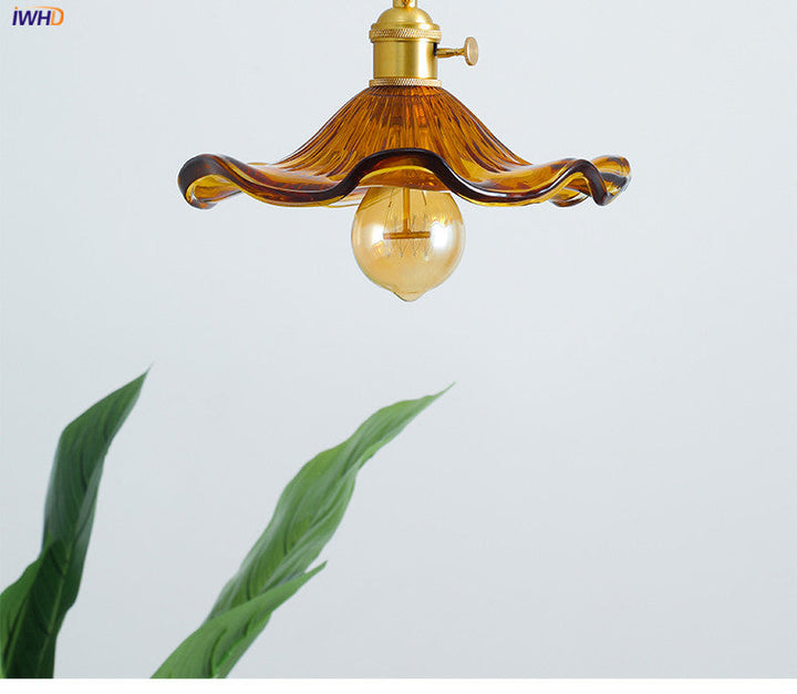Contemporary Nordic LED hanging lamp, blue glass & polished copper. Stylish bedroom lighting fixture.