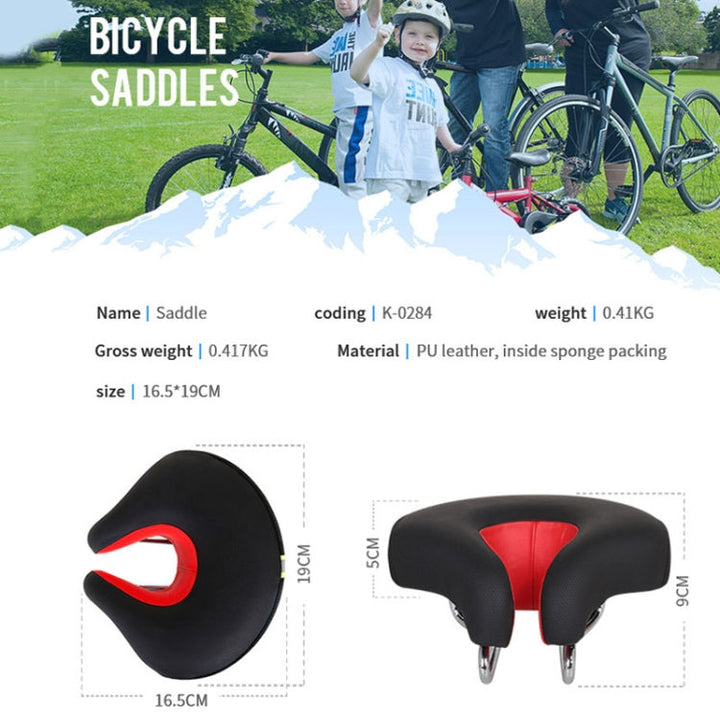 Unisex mountain bike saddle featuring thick soft padding and a nose-less design for maximum comfort.