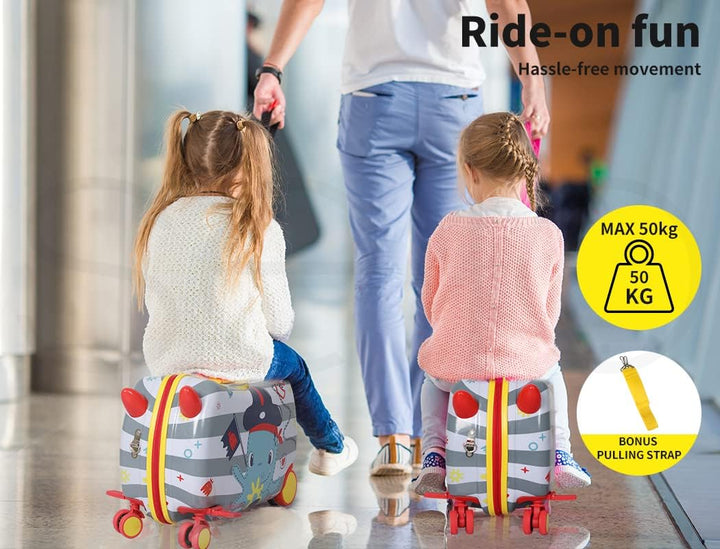 Bright octopus children's ride-on scooter suitcase, 360° wheels. Unique kids' travel bag and carry-on toy.