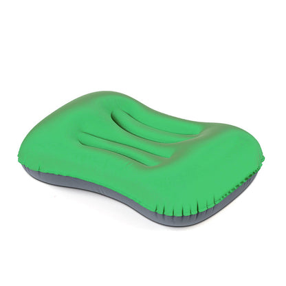 Sky blue portable travel pillow, ergonomic design for hiking & camping comfort, easy inflation