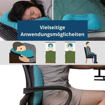 Folded inflatable travel pillow in orange, perfect for space-saving packing for outdoor trips