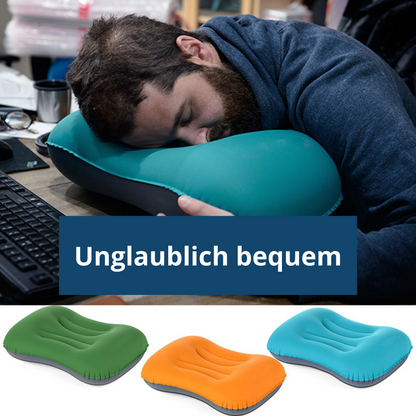 Adventure-ready sky blue inflatable pillow, essential gear for comfortable sleep during camping