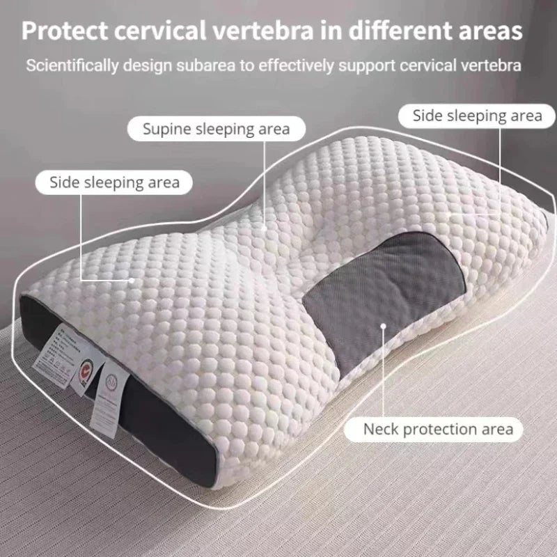 White cervical pillow supporting head & neck, promoting healthy sleep posture & adult pain relief.