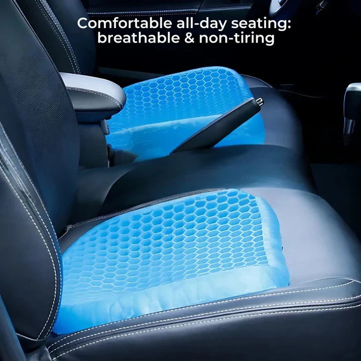 Gel seat cushion providing pressure relief, designed for office, car & wheelchair use.