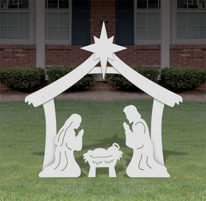 Outdoor Christmas Nativity Set for yard display, featuring the Holy Family. Durable PVC religious holiday decor.