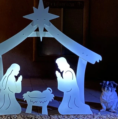 Elegant PVC plastic outdoor nativity scene with stable for Christmas yard display. Religious holiday decoration.