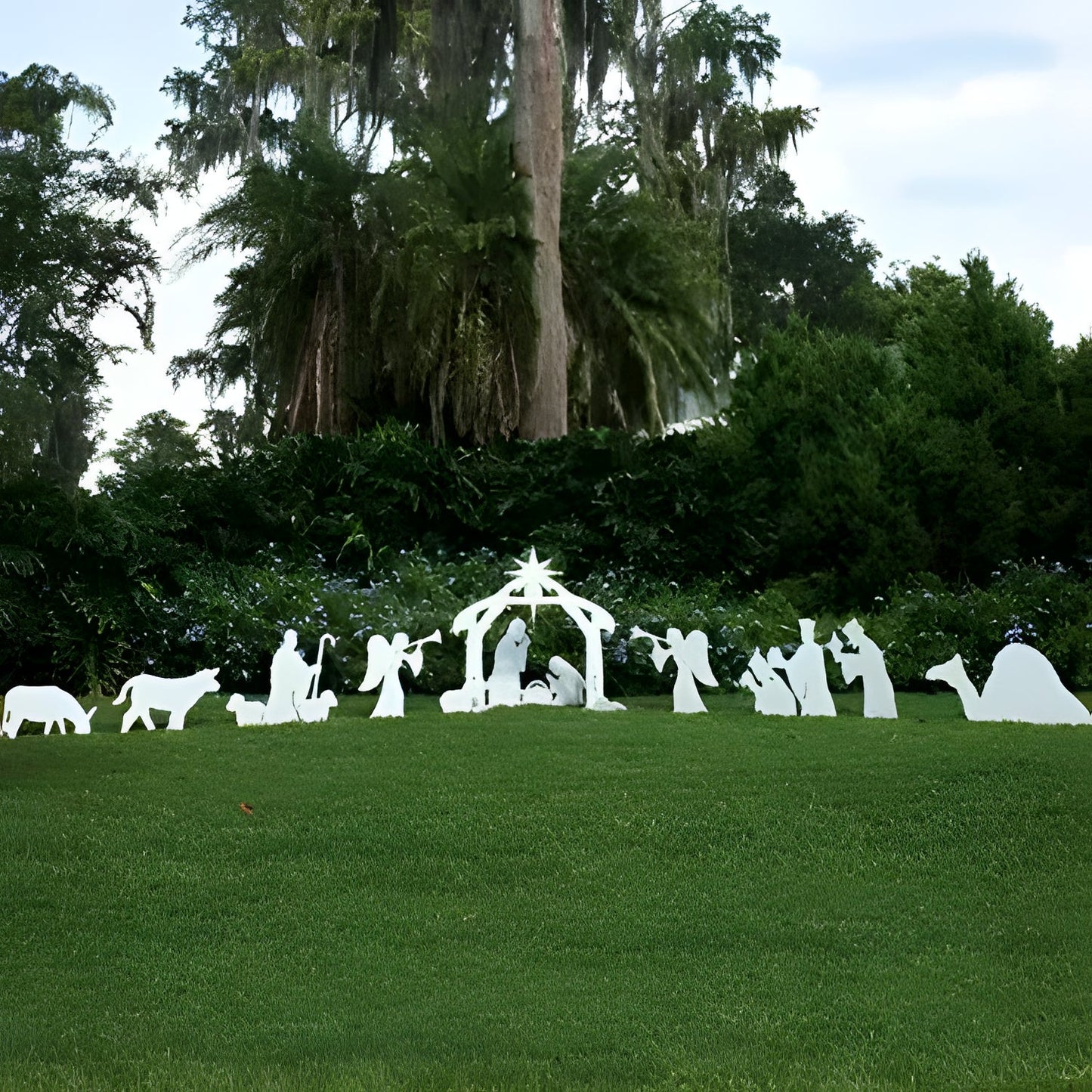 Complete outdoor Christmas nativity scene with stable & Holy Family. Perfect yard display for religious holidays.