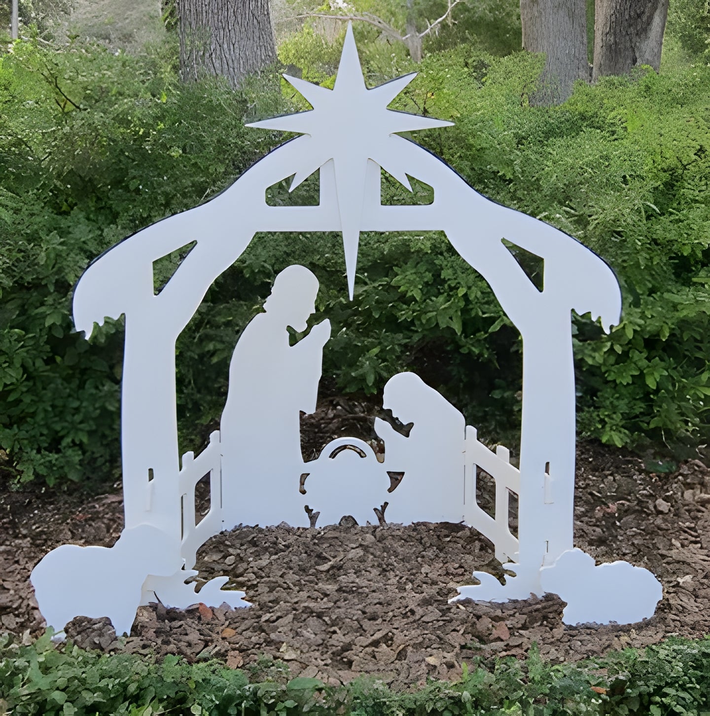Weather-resistant PVC outdoor Christmas nativity set. Ideal religious yard decoration for festive holiday display.