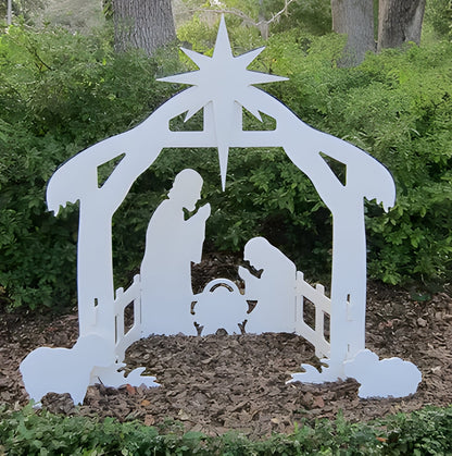 Weather-resistant PVC outdoor Christmas nativity set. Ideal religious yard decoration for festive holiday display.